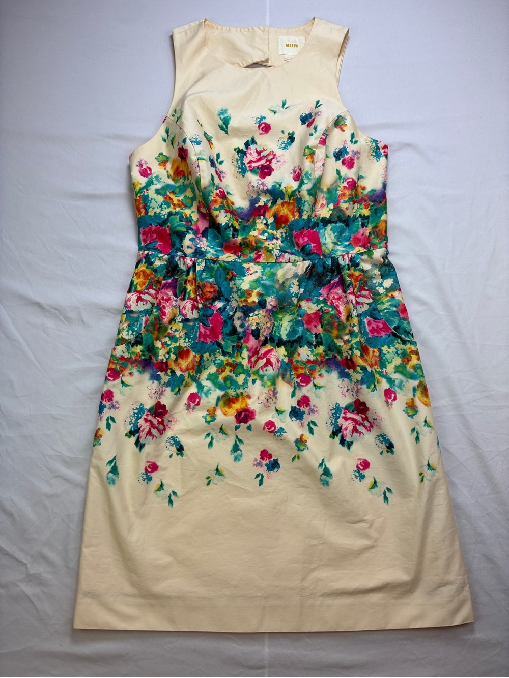 Anthropologie Maeve Tea Garden Sheath Dress Cream with Bright Floral Print